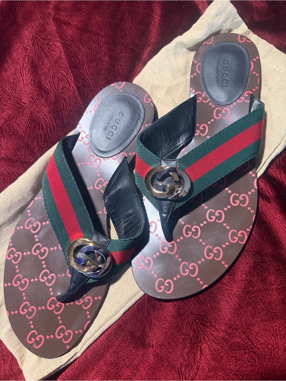 Gucci Brown Leather GG Logo Flip Flops with Green and Red Web